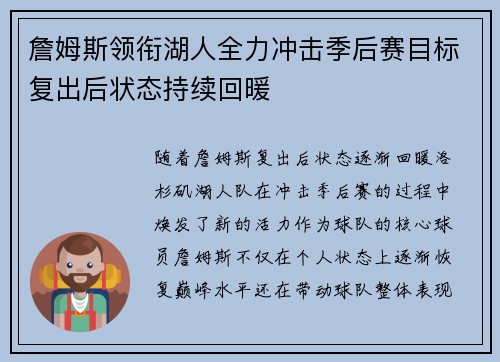 詹姆斯领衔湖人全力冲击季后赛目标复出后状态持续回暖